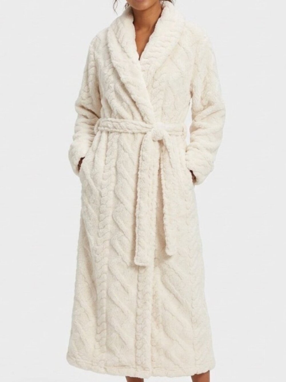 #1821 Roudelain Wrap Bathrobe Fleece Cable Knit Shawl Collar Belt Waist - Picture 5 of 8